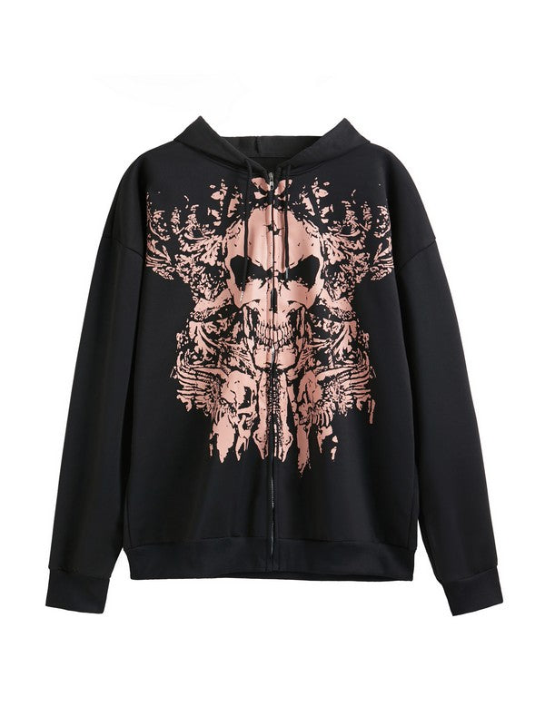 EB | Vintage Schädelprint Oversized Hoodie mit Reißverschluss