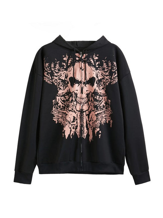 EB | Vintage Schädelprint Oversized Hoodie mit Reißverschluss