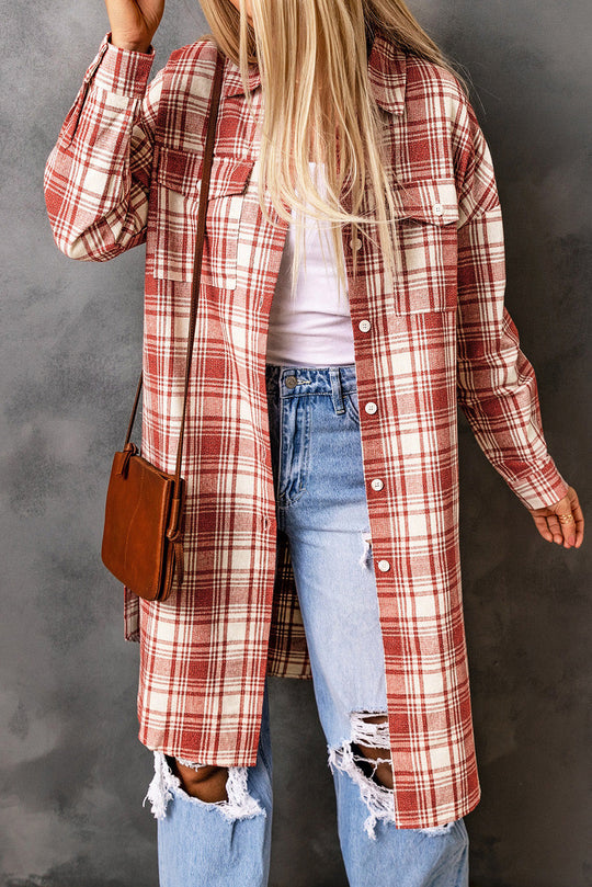 EB | Karierter Button-Up Longline Shacket mit Brusttaschen