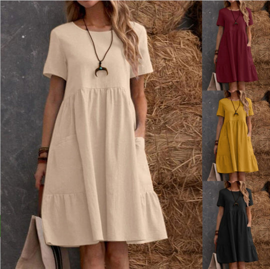 EB | Lose Tasche einfarbig Rundhalsausschnitt Kleid