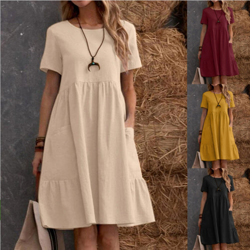 EB | Lose Tasche einfarbig Rundhalsausschnitt Kleid