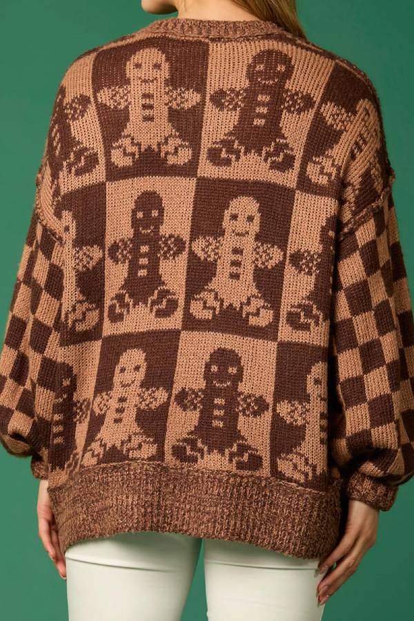 EB | Weihnachtslebkuchenmann Rundhalsausschnitt Langarm Lockere Strickpullover