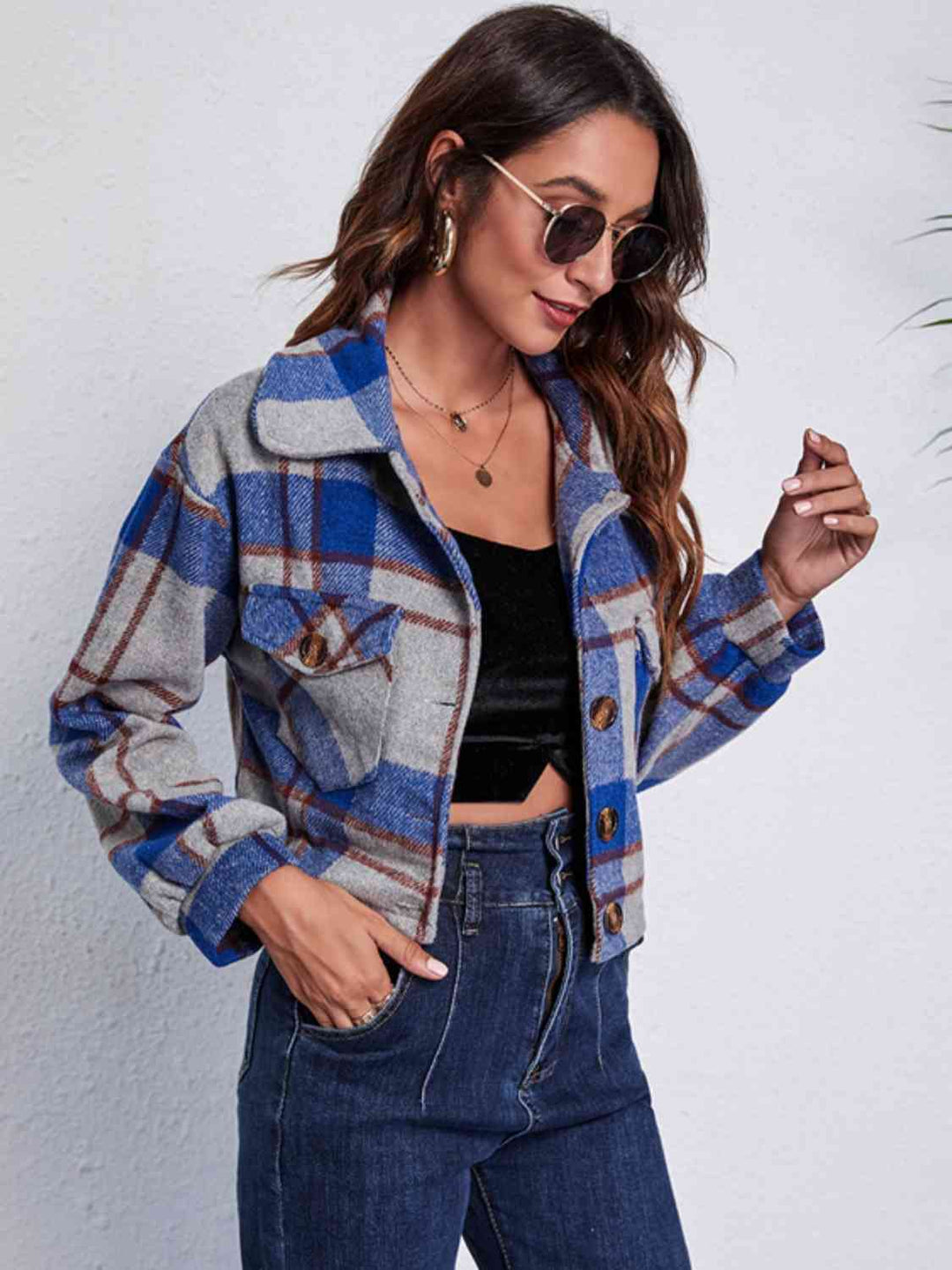 EB | Karierter Knopf-Front-Jacke mit Taschen