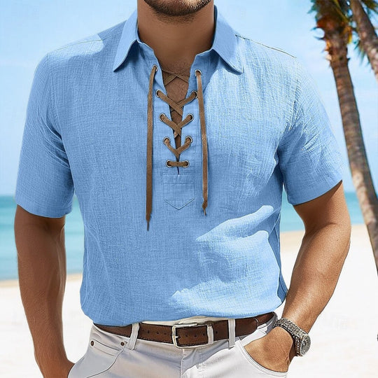EB | Leinen Revers Tether V-Ausschnitt Kurzarm-Shirt