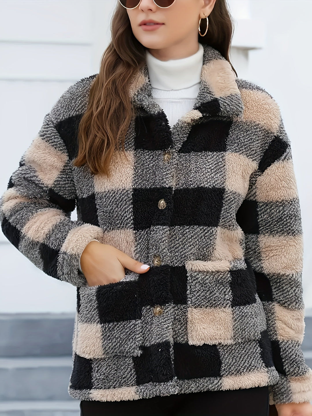 EB | Gitter Teddyjacke mit Knöpfen und Taschen Polyester Warm und Stilvoll