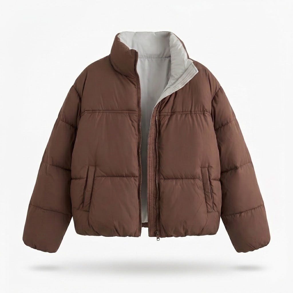 Damen nan kurzer wattierter Boxy-Puffer mit zweilagigem Stehkragen und verdeckter Reißverschlussblende EB