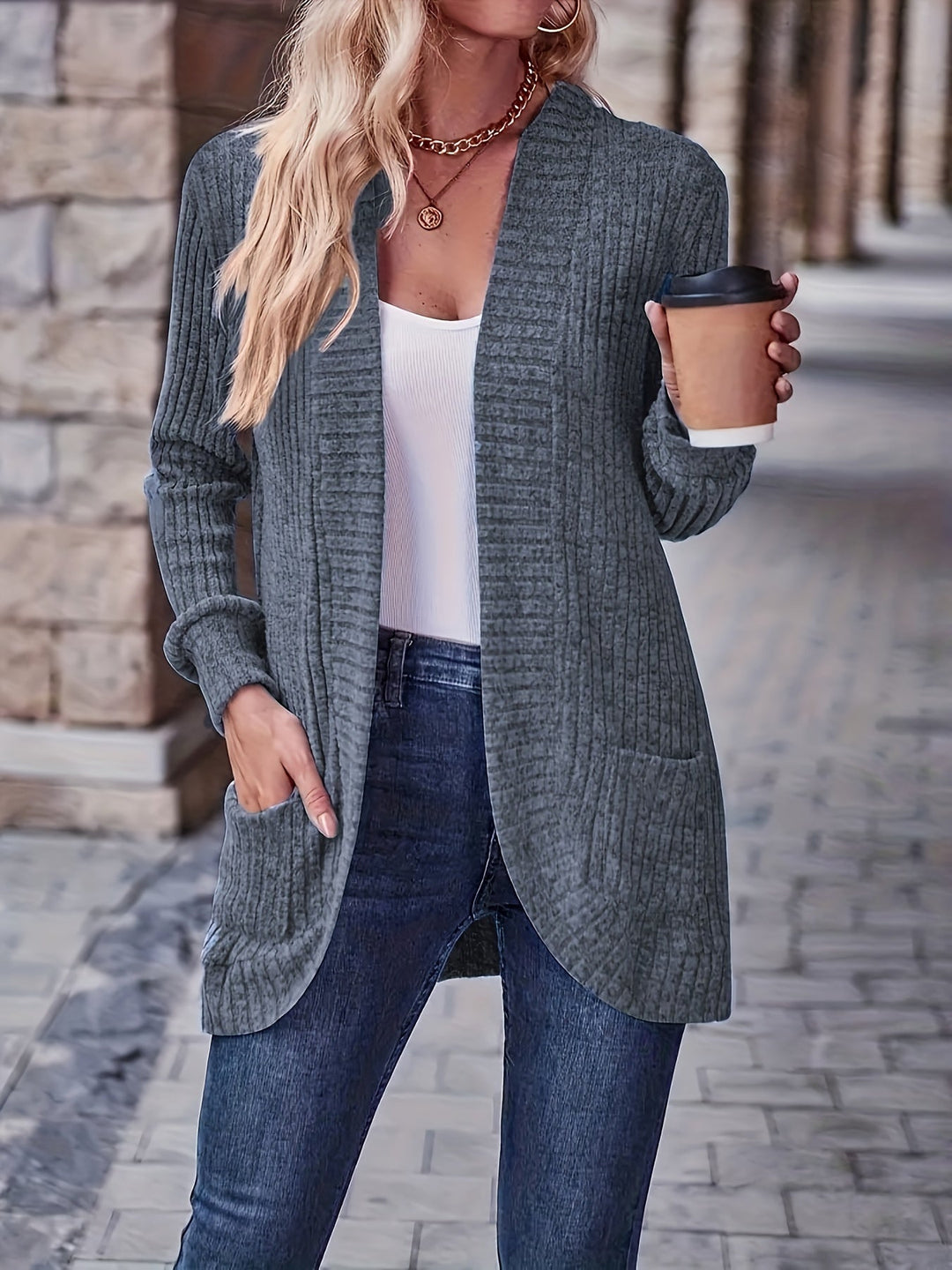 EB | Damen Freizeit Strickfleeceweste Mit Langen Ärmeln