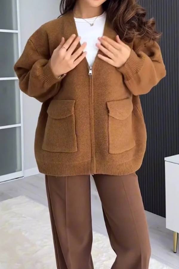 EB | Farbe Vielseitiger V-Ausschnitt Taschenpullover Jacke