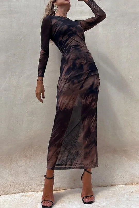 EB | Charm Lady Mesh Overlay Tie Dye Print Langarm Rüsch Stretch Midi Kleid
