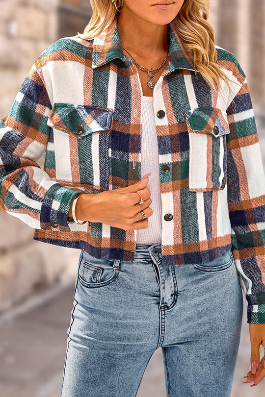 EB | Pocket Fashion Casual Cropped Damen Karierte Jacke