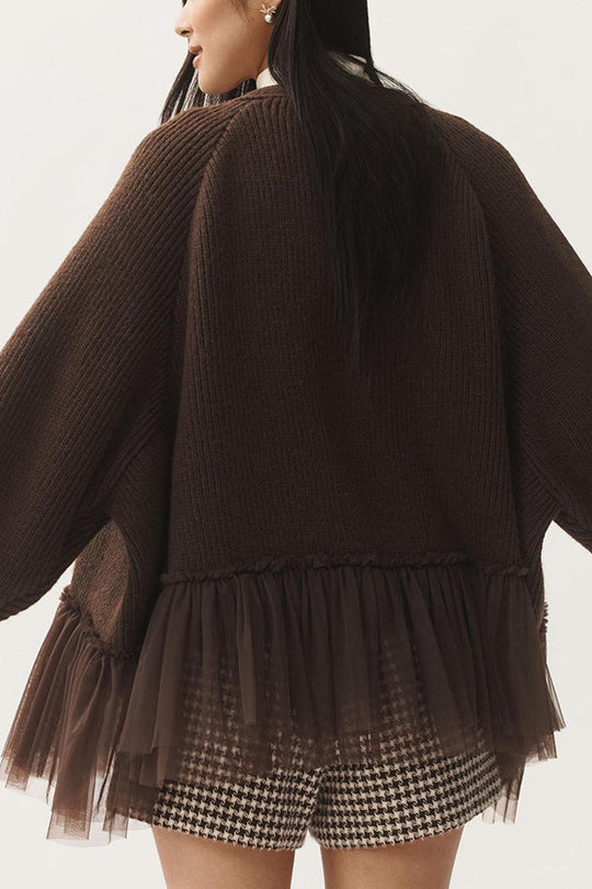 EB | Strickjacke mit Netz-Rüsche und Langen Ärmeln