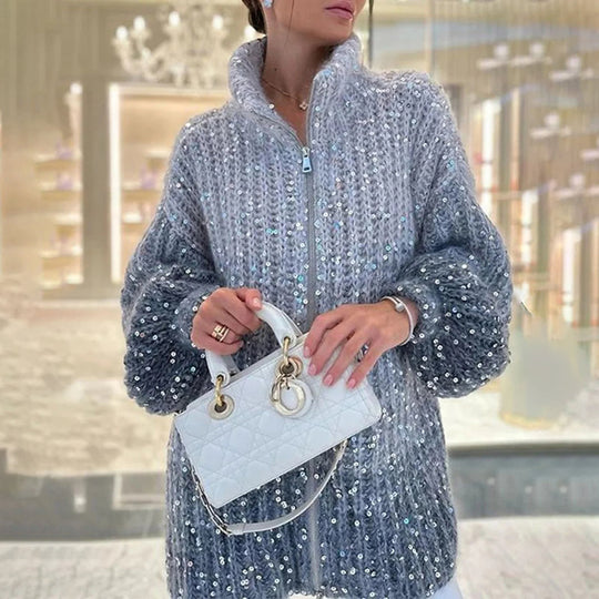 EB | Strickpullover mit Pailletten Ballonärmel Elegant und Handstrick-look