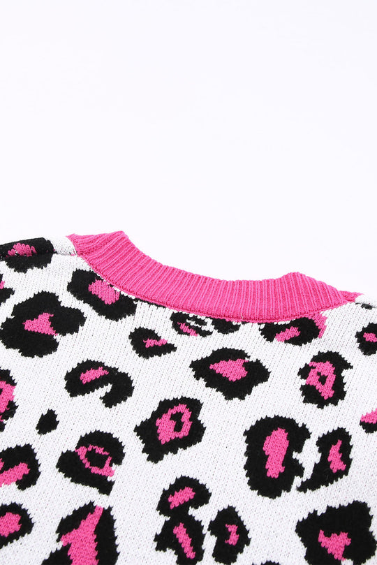 EB | Leopard-Kontrastbesatz Offene Vorderseite Langarmlange Strickjacke