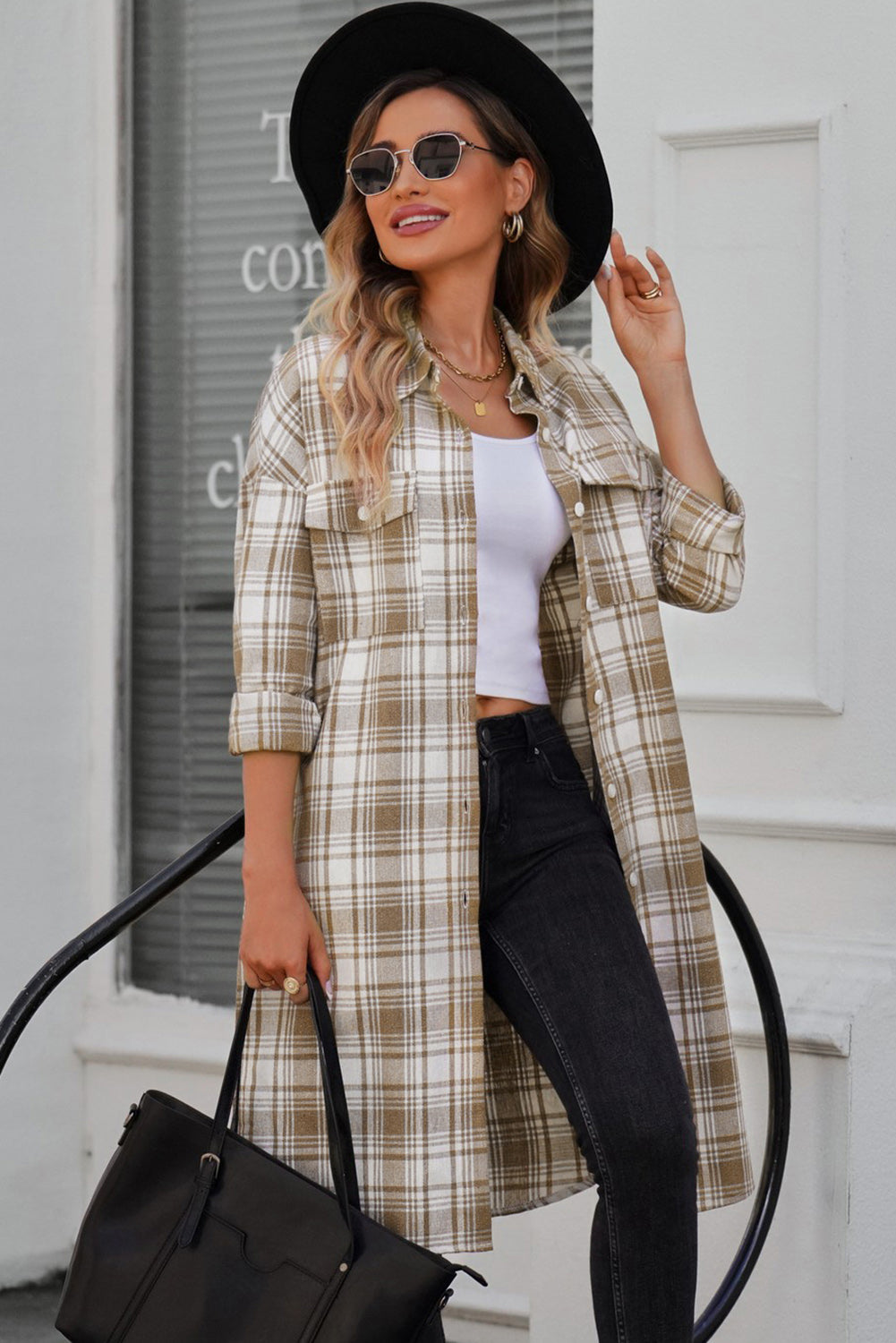 EB | Karierter Button-Up Longline Shacket mit Brusttaschen