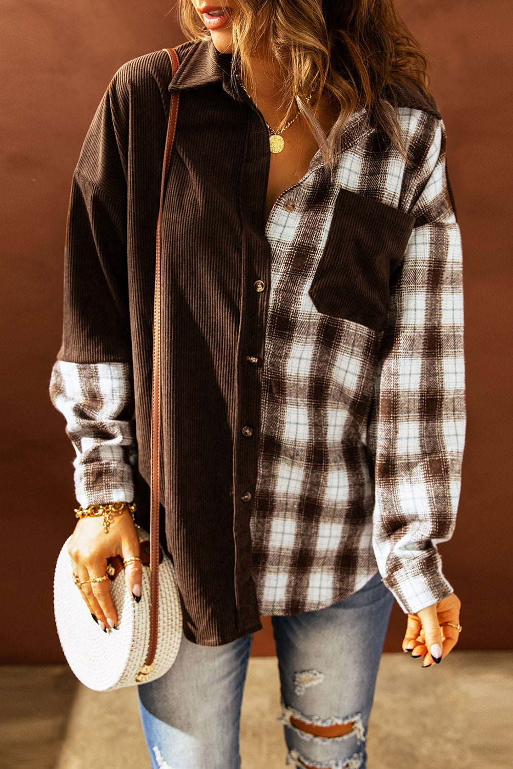 EB | Karierte Farbblock Gefallen Schulter Corduroy Shacket
