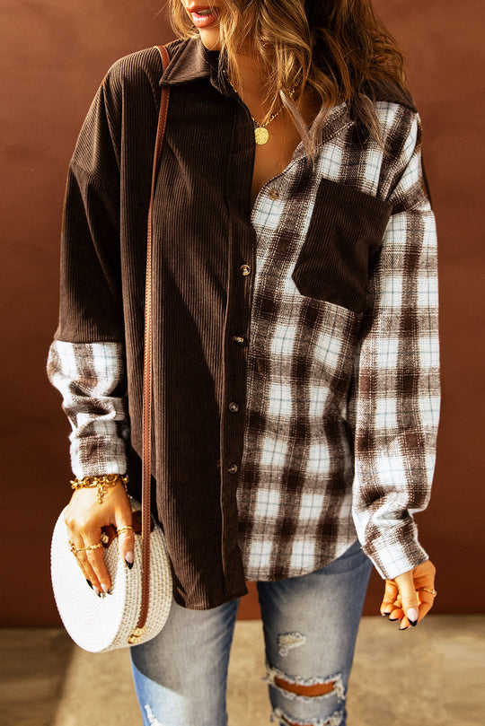 EB | Karierte Farbblock Gefallen Schulter Corduroy Shacket