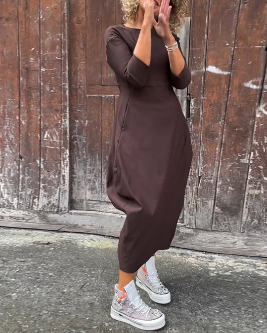 EB | Schlichtes Einfarbiges Elegantes Kleid mit Langen Ärmeln und Tasche