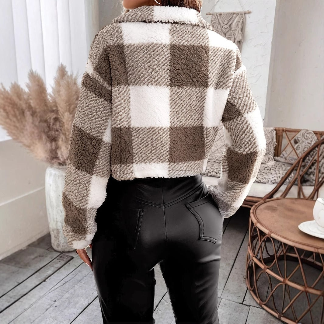 EB | Gemütliche Teddyfleece-Cropped-Jacke mit Karomuster