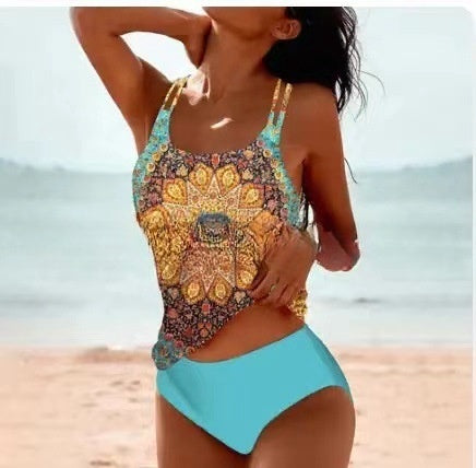 EB | Retro Hochgeschnittenes Bikini mit Stranddruck