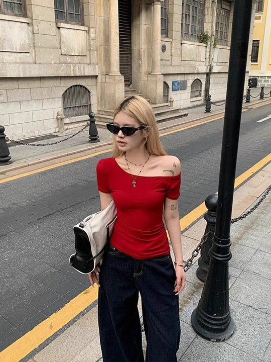 EB | Schräge Schulter Off-Shoulder Kurzarm