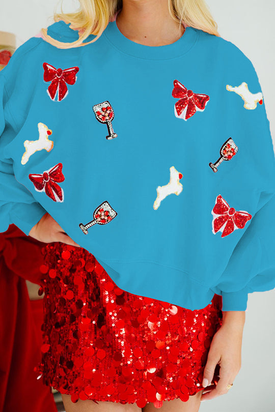 EB | Weihnachtsbogen-Wein-Glas Pailletten Lockere Lange Ärmel Sweatshirt