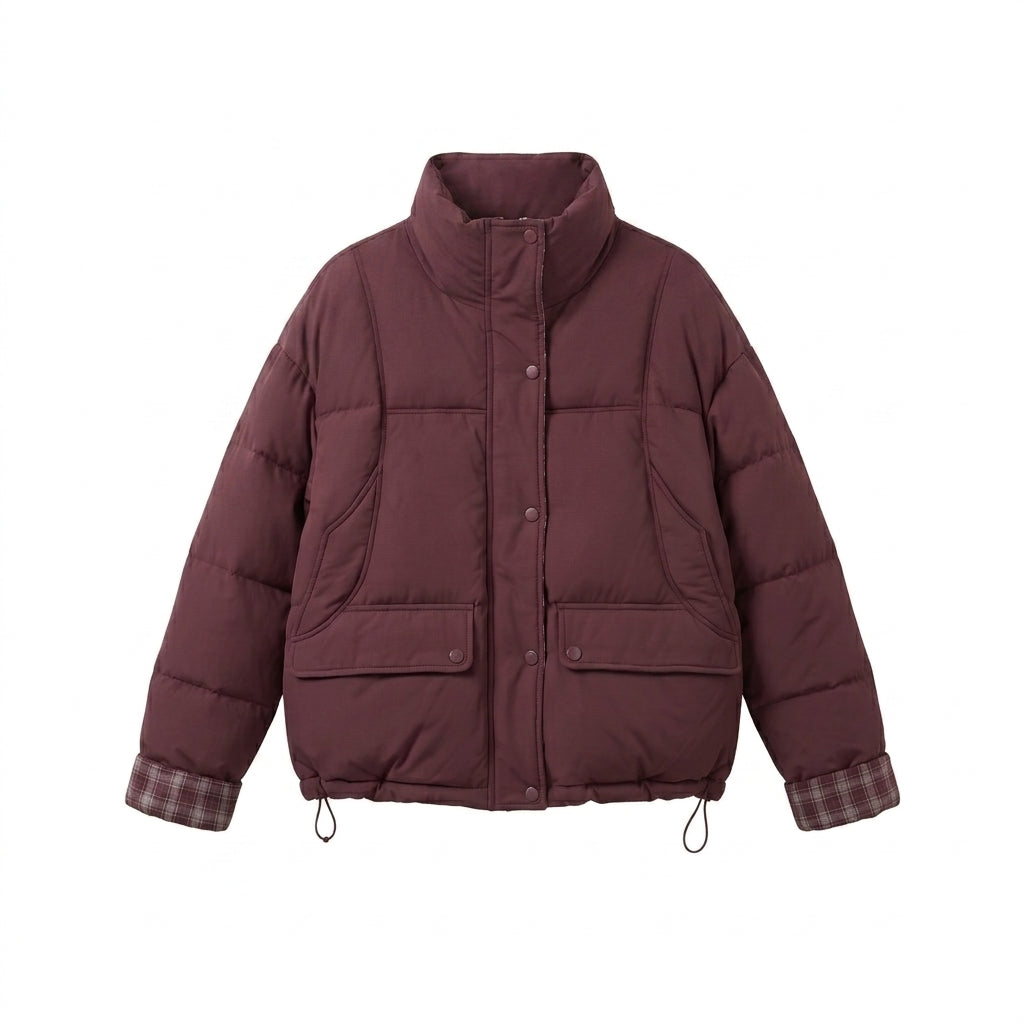 Damen nan kurzer wattierter Boxy-Blouson mit kariertem Innenfutter, hohem Kragen und aufgesetzten Klappentaschen EB