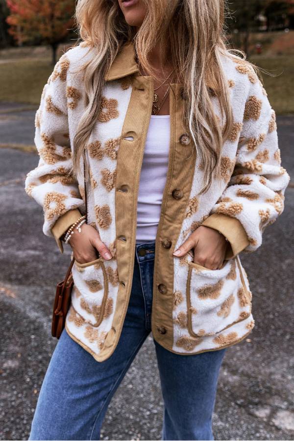 EB | Französisches Beige Süßes Blumenmuster Knopfleiste Fleecejacke
