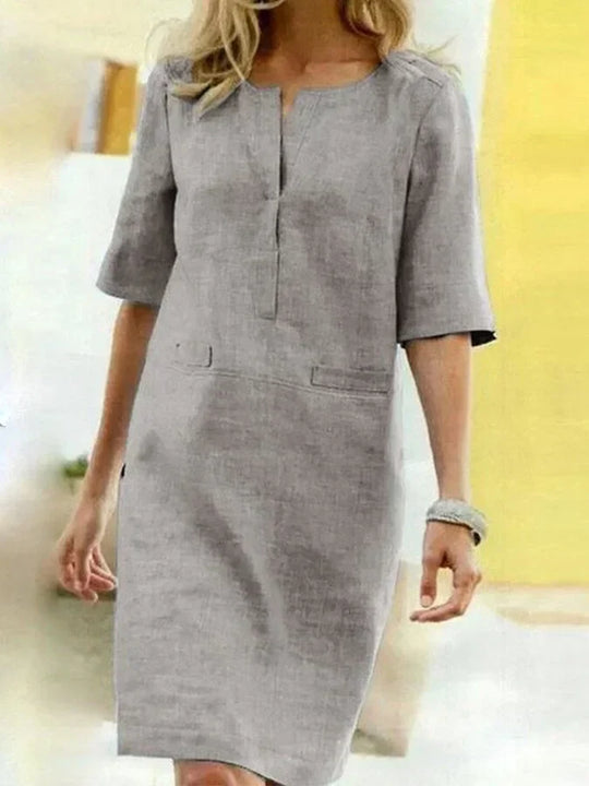 EB | Damen Kurzarm Baumwolle und Leinen Kleid