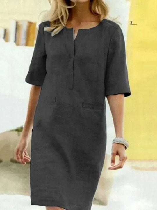 EB | Damen Kurzarm Baumwolle und Leinen Kleid