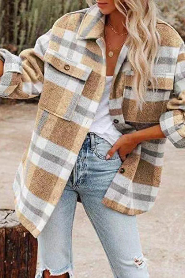 EB | Karierte Jacke mit Taschen für Frauen
