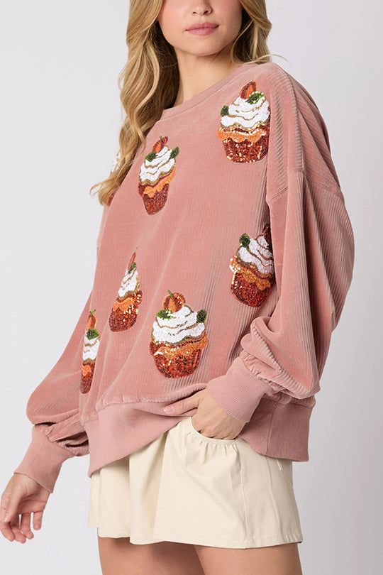EB | Weihnachts-Pumpkin-Kuchen Pailletten Rundhals Lockeres Sweatshirt