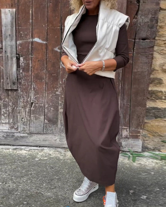 EB | Schlichtes Einfarbiges Elegantes Kleid mit Langen Ärmeln und Tasche