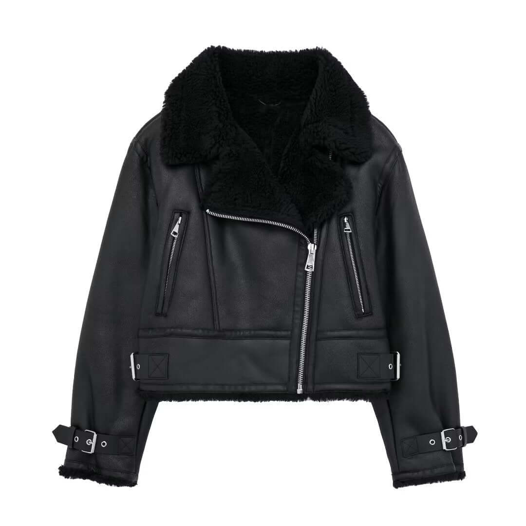 EB | Damen Faux-Lederjacke mit Pelzkragen