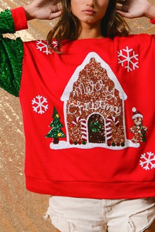 EB | Weihnachten Lässig Locker Rundhals Pailletten Ärmel Sweatshirt