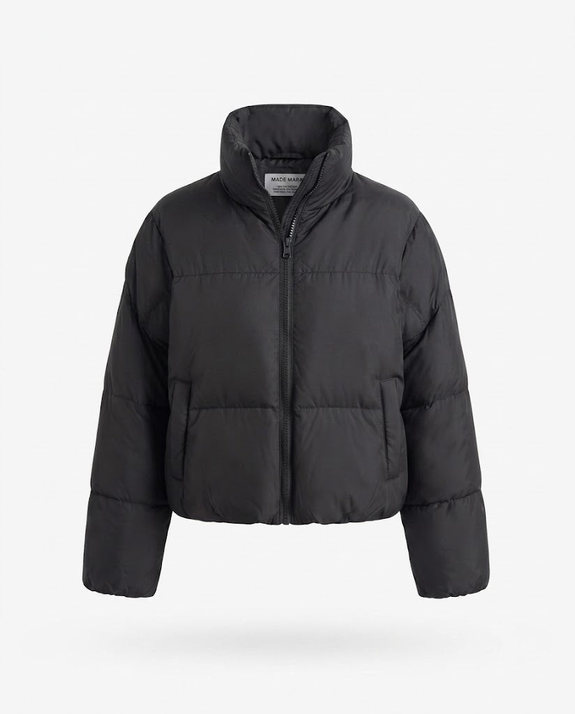 Damen nan kurzer wattierter Boxy-Puffer mit zweilagigem Stehkragen und verdeckter Reißverschlussblende EB