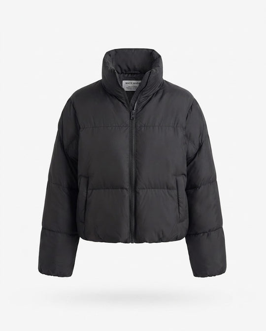 Damen nan kurzer wattierter Boxy-Puffer mit zweilagigem Stehkragen und verdeckter Reißverschlussblende EB