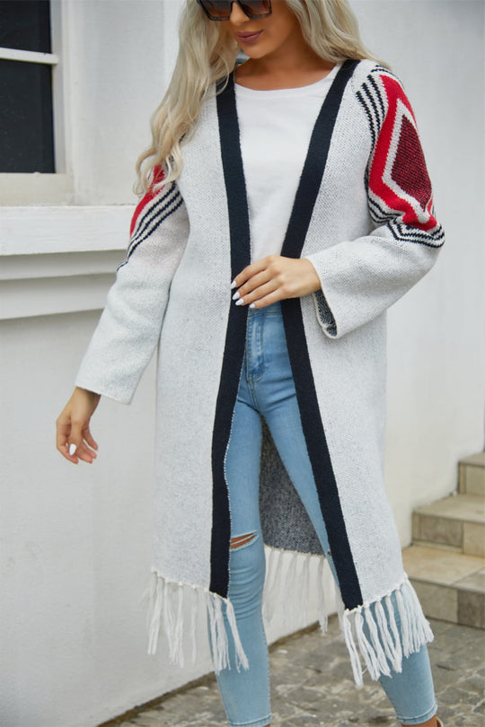 EB | Geometric Fringe Hem Offene Front Duster Cardigan