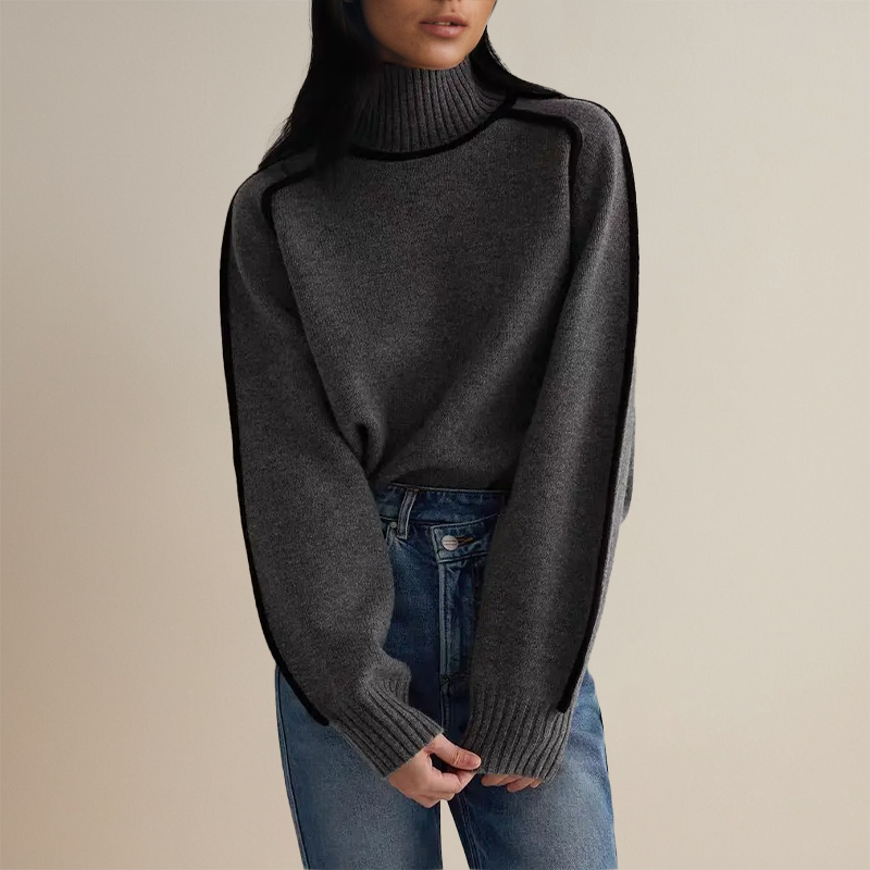 EB | Pullover - Frauen Herbst Übergröße Rollkragenpullover mit Kontrastärmelbesatz