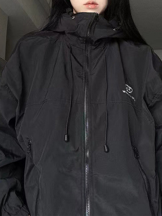 EB | Retro Schwarze Wasserdichte Outdoorjacke mit Kapuze