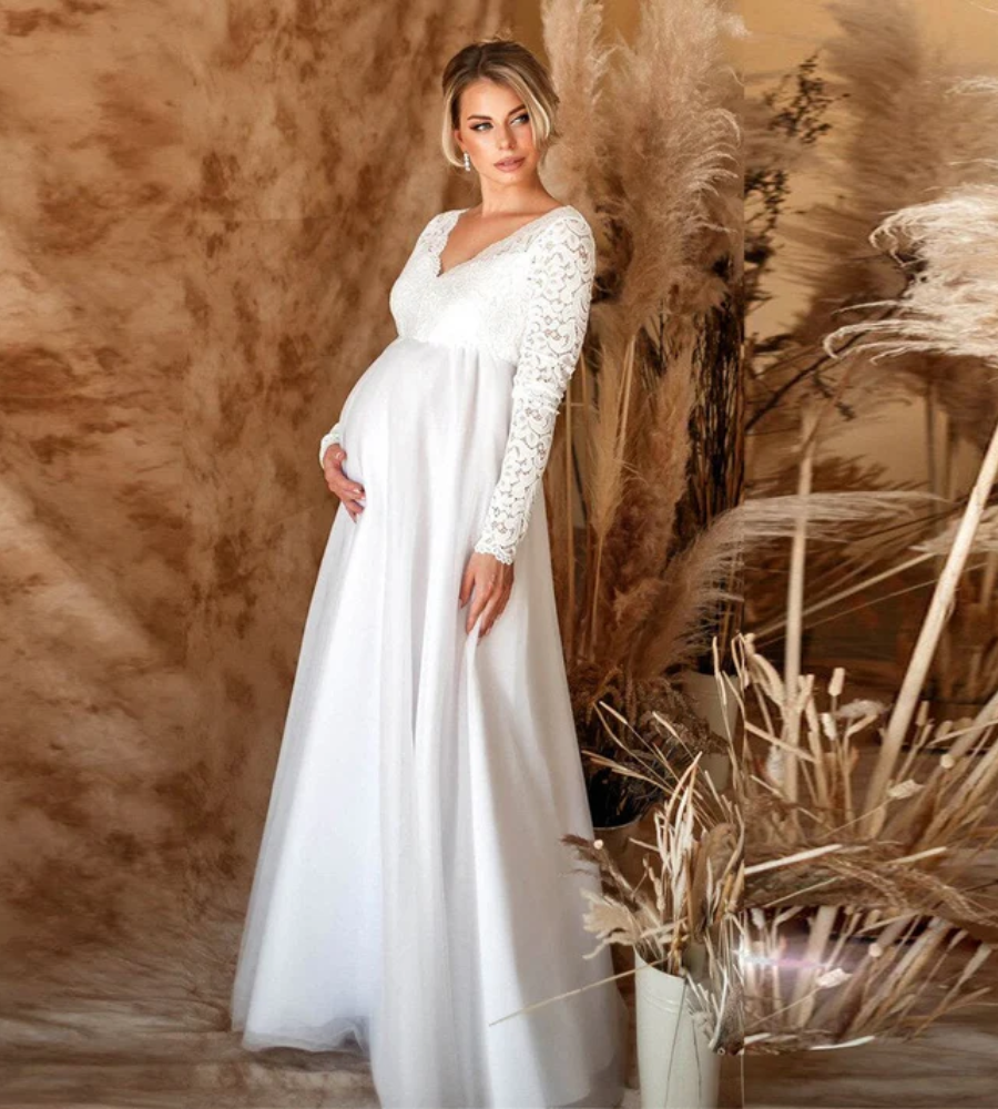 EB | Damen Weißes Maxikleid Umstandskleid