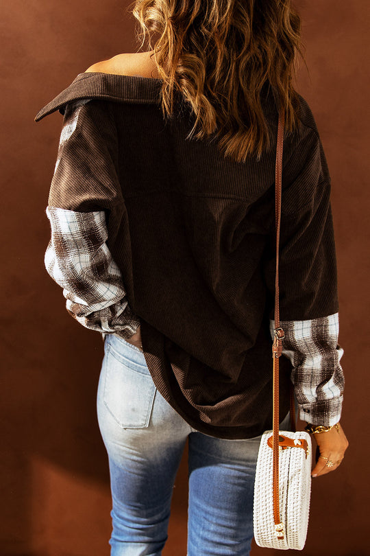EB | Karierte Farbblock Gefallen Schulter Corduroy Shacket