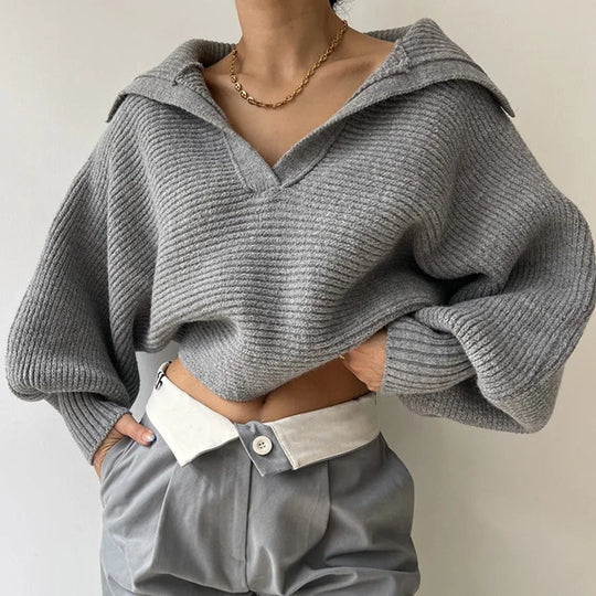 EB | Strickpullover mit Laternenärmeln und offenem Kragen