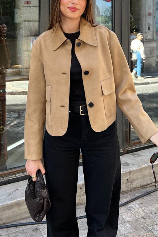 EB | Knopfverschluss Pocket Faux Suede Crop Jacke
