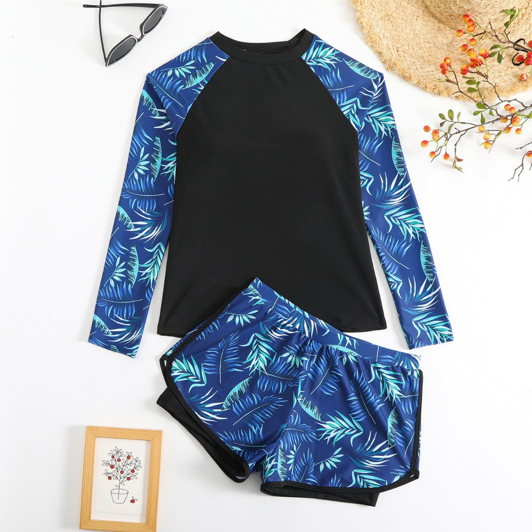 EB | Langarm Print Spleißen Doppelhose Tankini Badeanzug