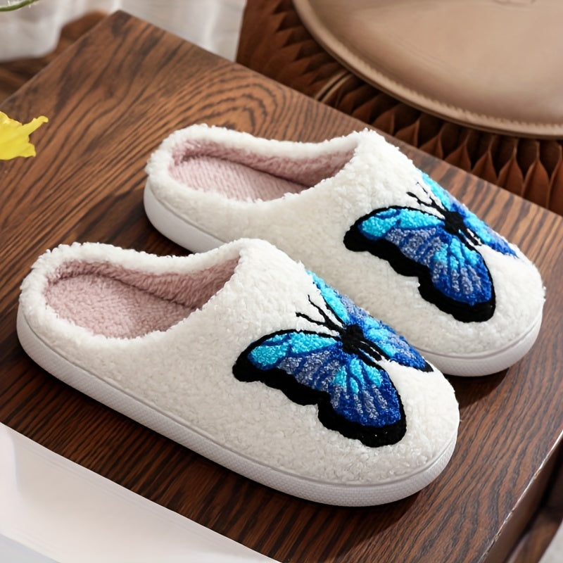 Weiß Flauschige Slipper Mit Blauem Schmetterlingsmotiv EB