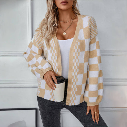 EB | Cardigan - Damen Herbst Casual Karierter Gestrickter Cardigan