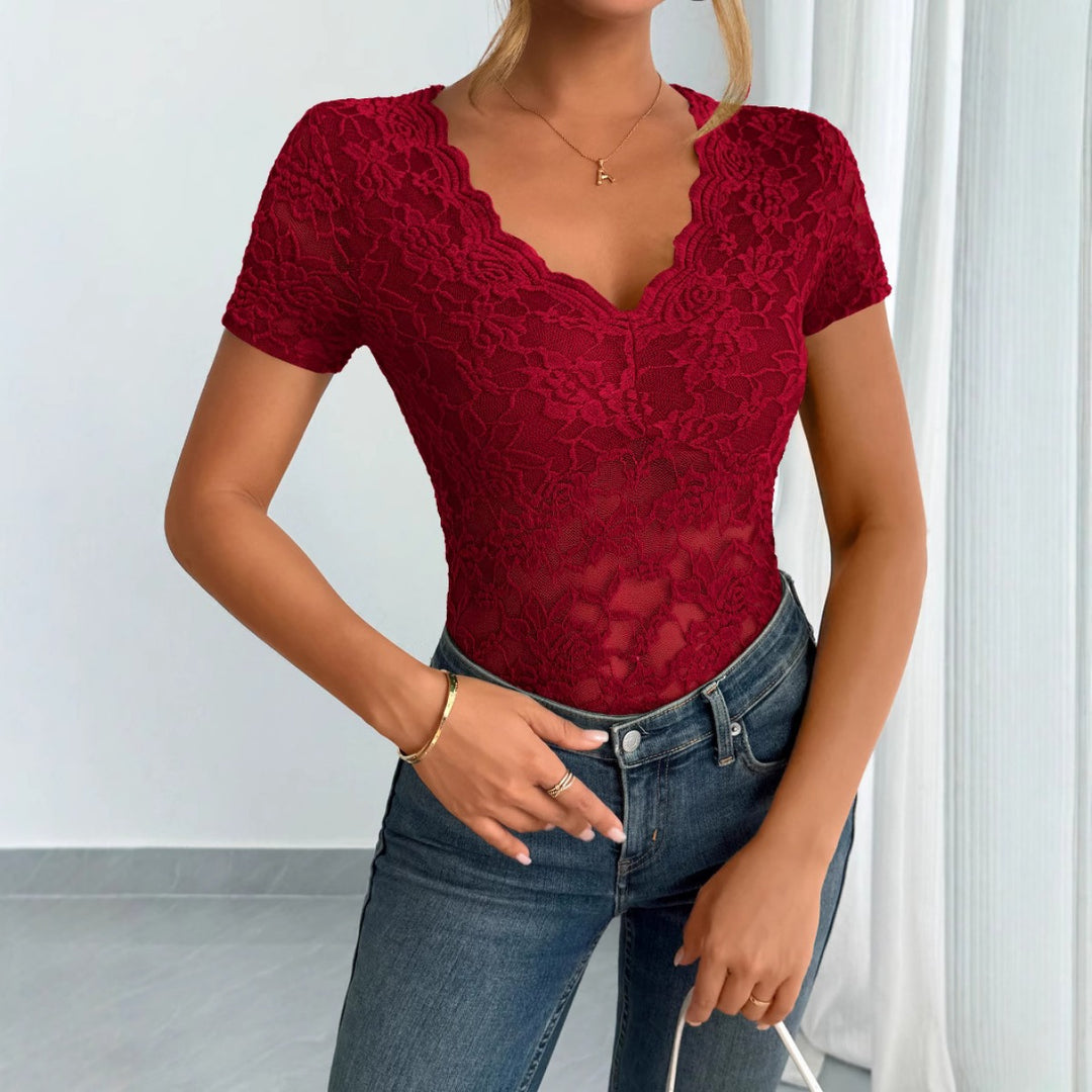EB | Damen Einfarbig Sexy Spitze V-Ausschnitt Kurzarm