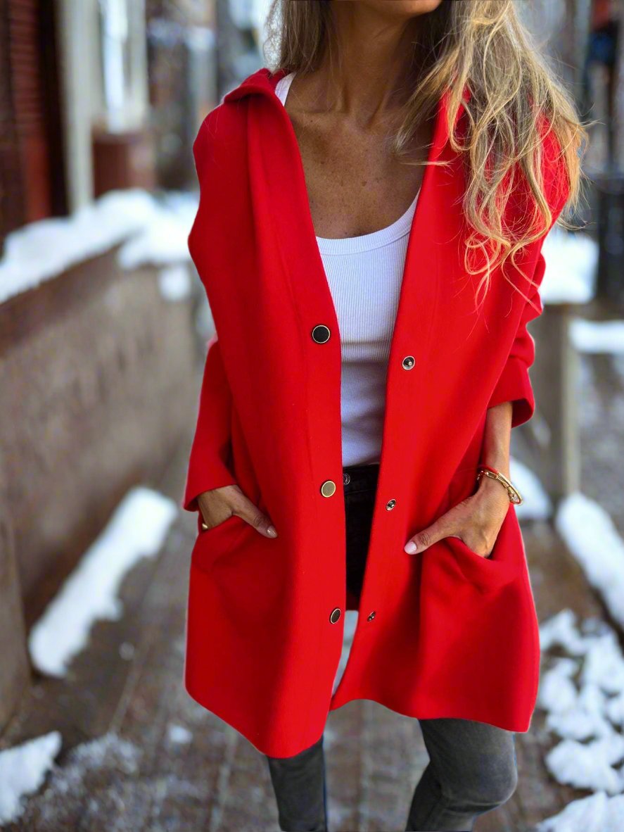 EB | Lange Jacke Wollmischung Knopfverschluss mit Kapuze Bequeme Passform