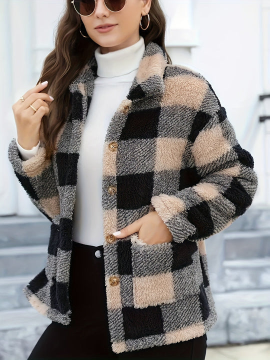 EB | Gitter Teddyjacke mit Knöpfen und Taschen Polyester Warm und Stilvoll