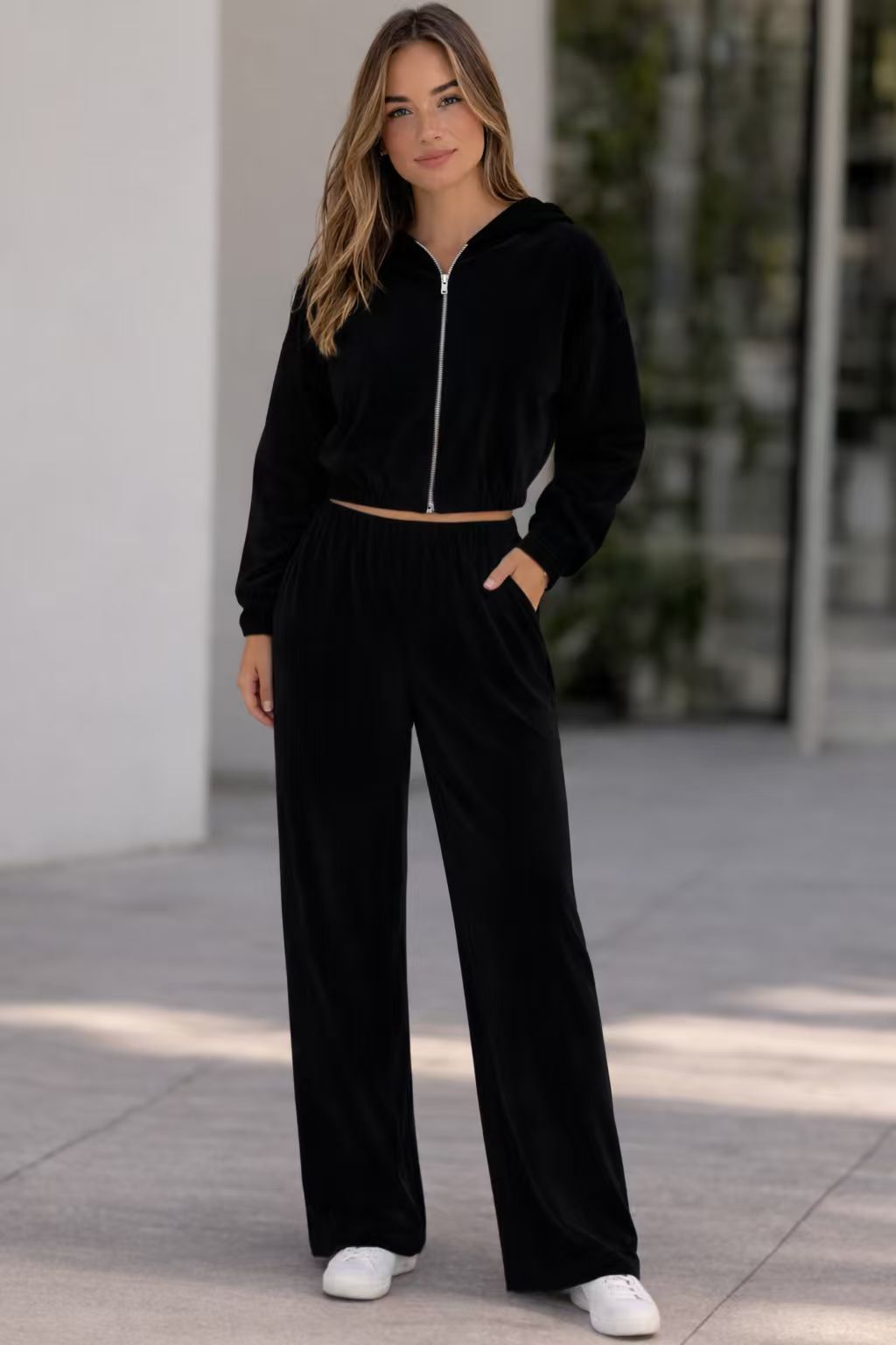 Damen sportliches Fleece-Jogginganzug mit modischem Schnitt und elastischem Bund EB
